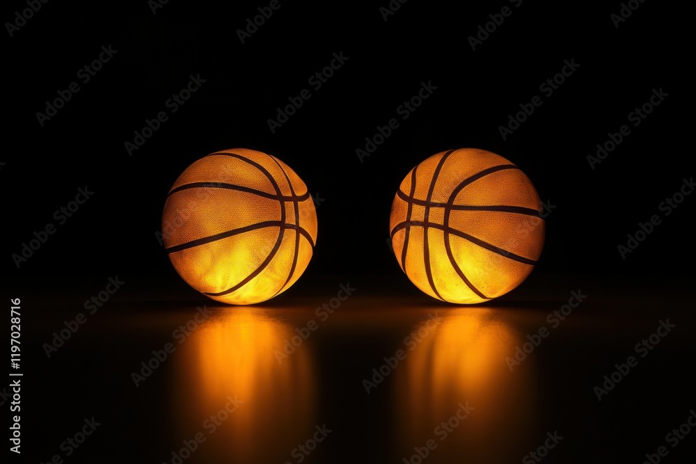 Obraz premium Two Illuminated Basketballs Glowing Against a Black Background Capturing the Spirit of Sports and Recreation in an Artistic and Eye-Catching Way