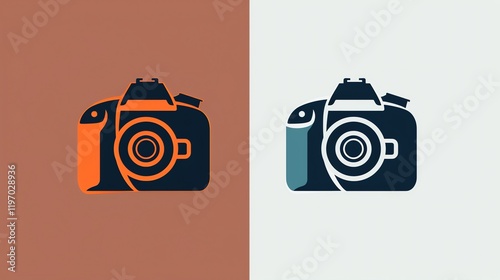 Two simple camera icons on a colored background.