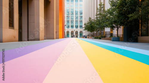 vibrant urban scene featuring colorful stripes on ground  surrounded by modern architecture and greenery  creating lively atmosphere
