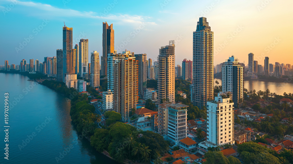 Obraz premium Modern urban landscape with high-rise buildings by a pond at sunset