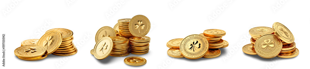 Stacks of Gold Coins Isolated on White Background with Four-Leaf Clover Design Stacks of Gold Coins Isolated on White Background with Four-Leaf Clover Design
