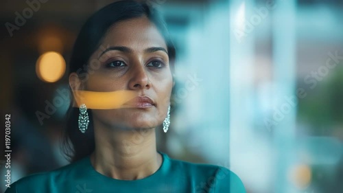 A Thoughtful Business Woman Contemplates the Future While Gazing Through a Window With a Serene Expression of Hope and Determination