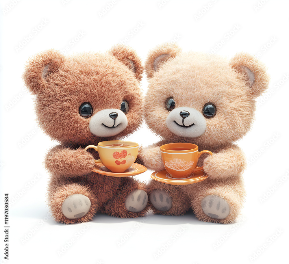 Obraz premium cute teddy bear couple enjoying tea together, isolated on a white background.