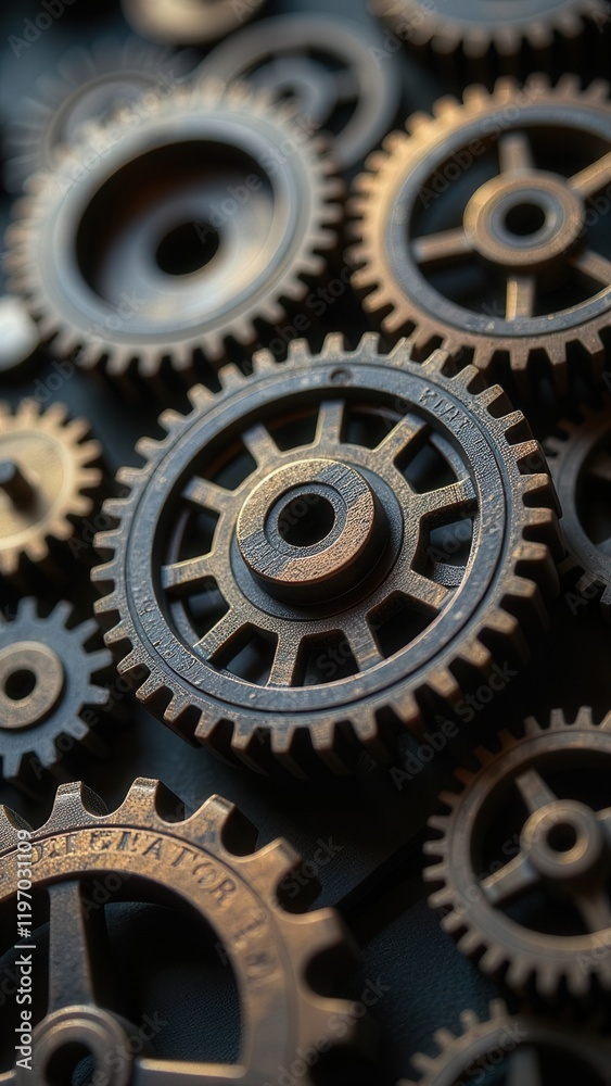 Interlocking industrial gears working together in a complex system Interlocking industrial gears working together in a complex system