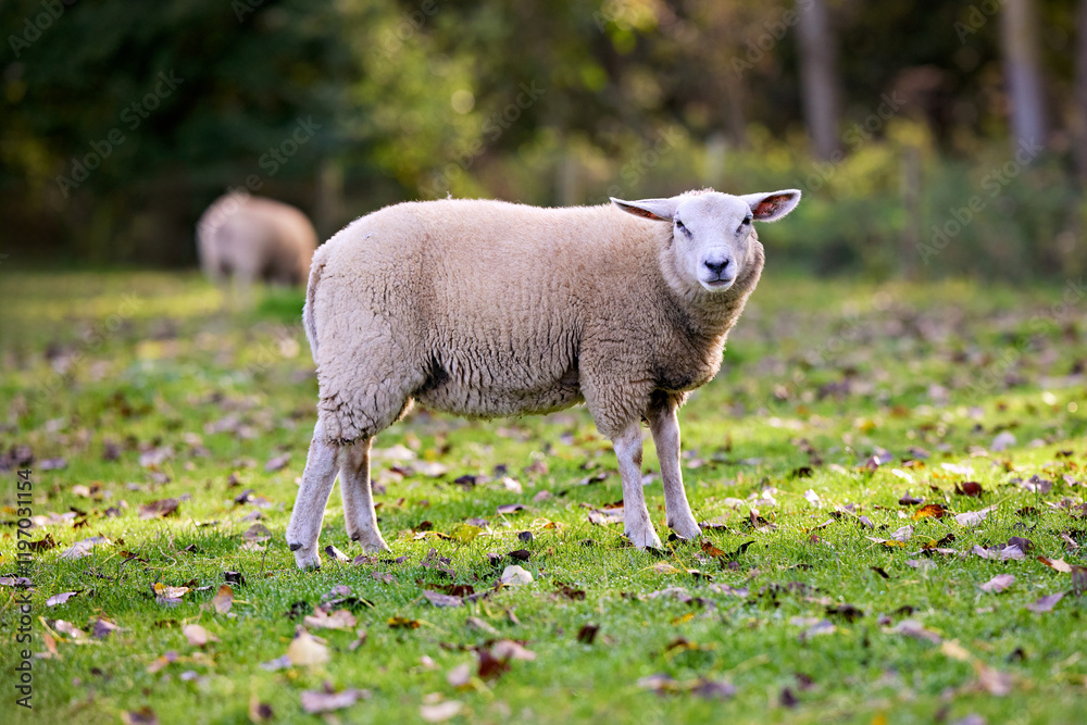 Fototapeta premium White sheep on meadow in autumn