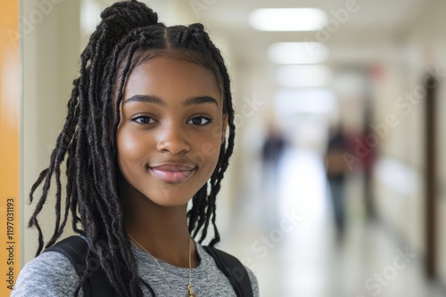 Happy black teenage girl in high school hallway looking at camera. Generative AI