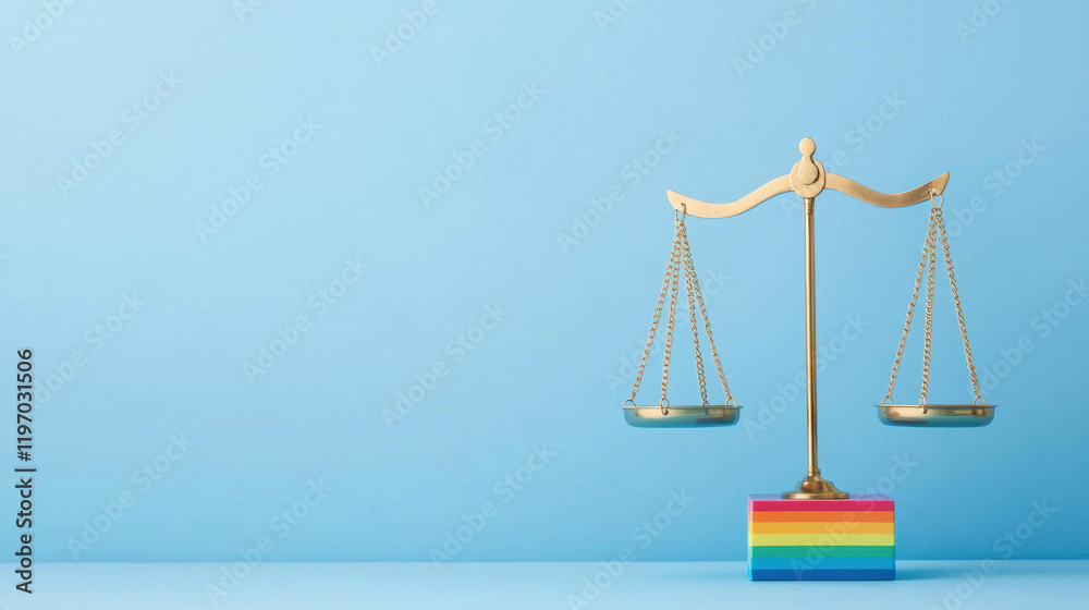 golden scale of justice on rainbow block symbolizes equality and fairness golden scale of justice on rainbow block symbolizes equality and fairness