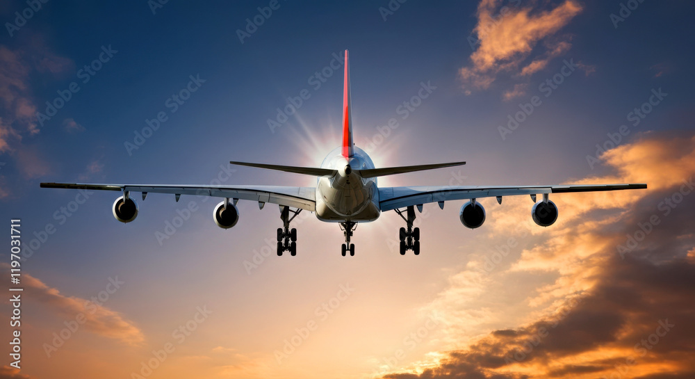 Majestic Airplane in Flight at Sunset with Dramatic Sky Majestic Airplane in Flight at Sunset with Dramatic Sky