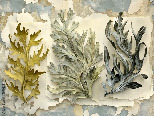 Vintage seaweed illustrations layered with textured, sand-colored paper