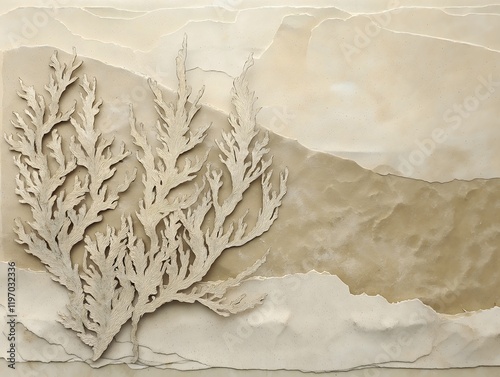 Vintage seaweed illustrations layered with textured, sand-colored paper