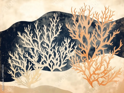 Vintage seaweed illustrations layered with textured, sand-colored paper