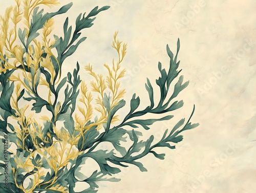 Vintage seaweed illustrations layered with textured, sand-colored paper