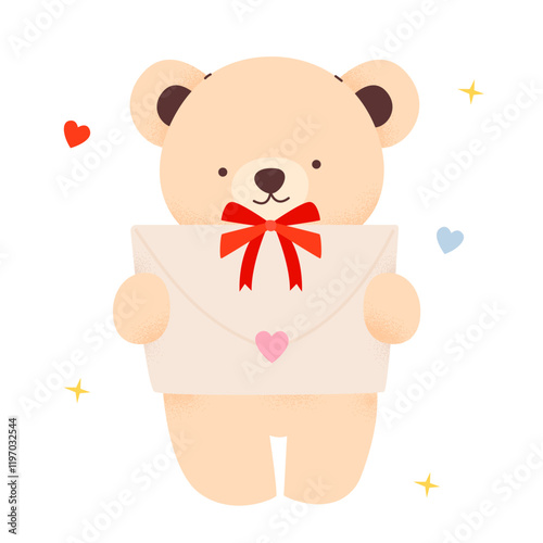 Cute teddy bear, with elements for Valentine's Day. Isolated on white background, vector illustration
