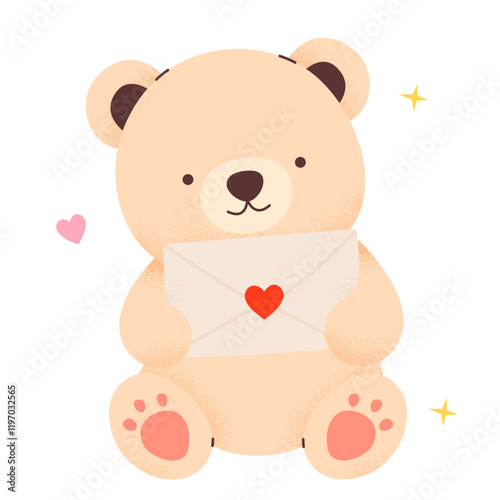 Cute teddy bear, with elements for Valentine's Day. Isolated on white background, vector illustration