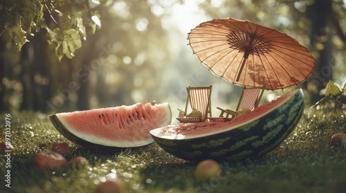 A miniature summer scene: lounge chairs under a parasol nestled in a giant watermelon in a sun-drenched garden.