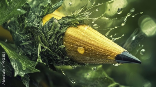 a pencil enveloped in lush greenery, glistening with water droplets, a captivating image symbolizing the connection between nature and creativity.