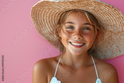 A cheerful girl with tanned skin smiles brightly while wearing a white swimsuit and a straw hat. She is situated against a vibrant pink background, radiating happiness.