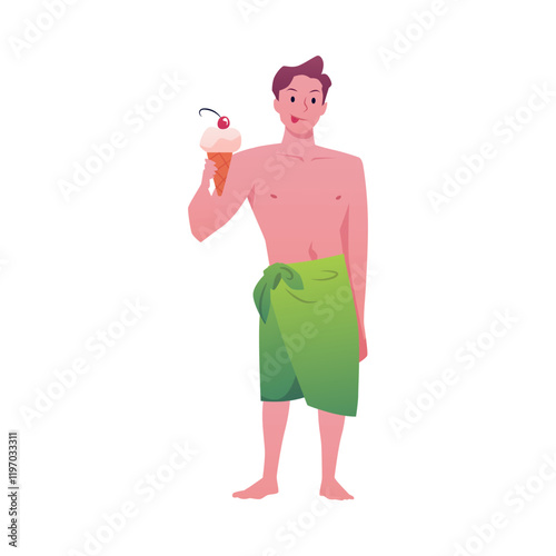 Vector illustration of male character in bathing towel holding ice cream.