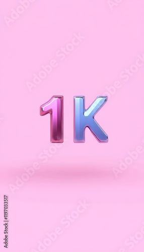 3D Render, Metallic Holographic Number 1,000 or 1K, Pink Blue Gradient, Isolated On Pink Background photo