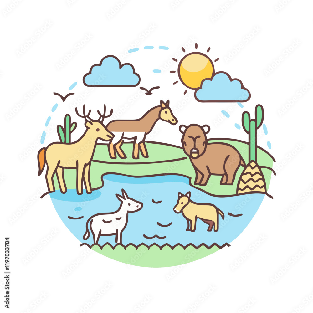 Obraz premium watering hole with animals icon, watering hole with animals vector,