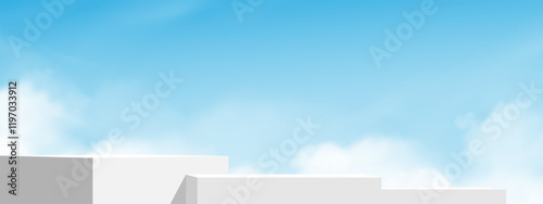 Background 3d podium on blue sky,cloud for product design,Summer banner white platform stage stand Mockup for cosmetic,Minimal abstract building,Vector illustration  backdrop