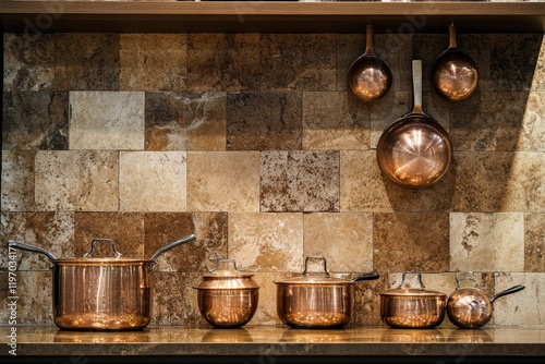 Copper cookware displayed against a stone tile backsplash photo