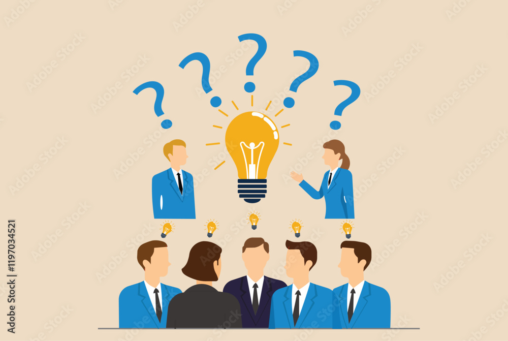 Business team brainstorming under a glowing lightbulb and question marks, symbolizing innovation, collaboration, and problem-solving. Ideal for presentations, workshops, teamwork, and strategy visuals Business team brainstorming under a glowing lightbulb and question marks, symbolizing innovation, collaboration, and problem-solving. Ideal for presentations, workshops, teamwork, and strategy visuals