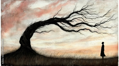 A solitary figure contemplates a windswept tree against a pastel sunset