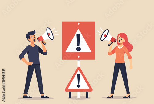 Flat vector illustration of a man and woman using megaphones near warning signs. Concept of safety, teamwork, alert communication, awareness campaigns, danger signs, and public announcements.