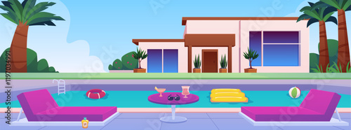 Vector illustration of a house with a swimming pool, palm trees, sun loungers, a table