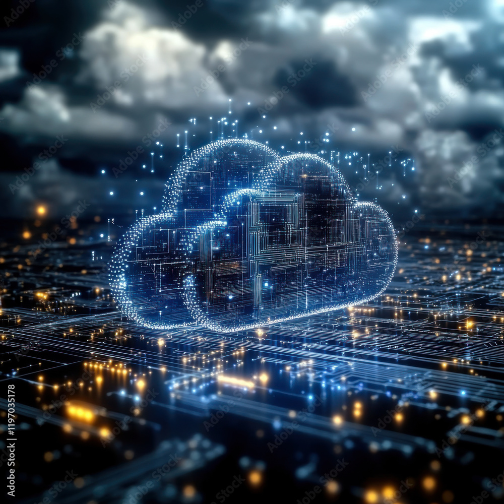 Futuristic cloud computing technology on background of microcircuit elements