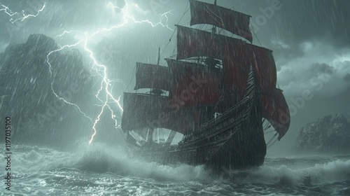 A dark galleon sails through a stormy sea during a lightning storm.