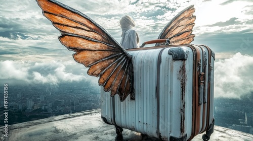 A suitcase with butterfly wings perched on a rooftop overlooking a city in the clouds.