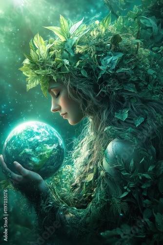 Green goddess holding Earth, forest background, environmental concept