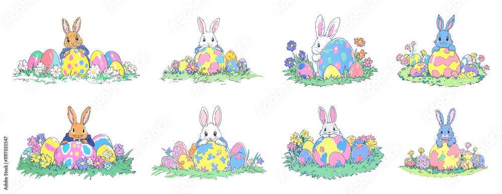 PNG Colorful Easter bunny illustrations, element set on transparent background PNG Colorful Easter bunny illustrations, element set on transparent background