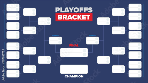 Playoffs bracket. Playoffs grid. Sport tournament bracket. Game and competition schedule. Season final. Team and players. Championship winner. Match score. Vector poster
