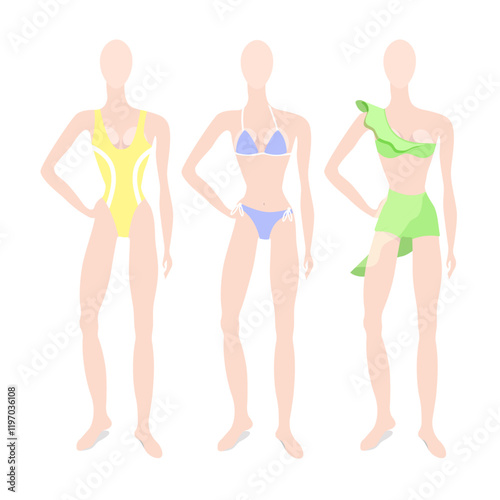 Three female mannequins in swimsuits, isolated on a white background.Vector illustration of models for summer designs.