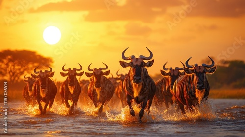 Wildlife migration event of wildebeests serengeti national park nature photography sunset ecosystem viewpoint
