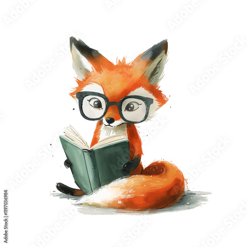 Cute Little Fox in Glasses Reading Book Vector Illustration.