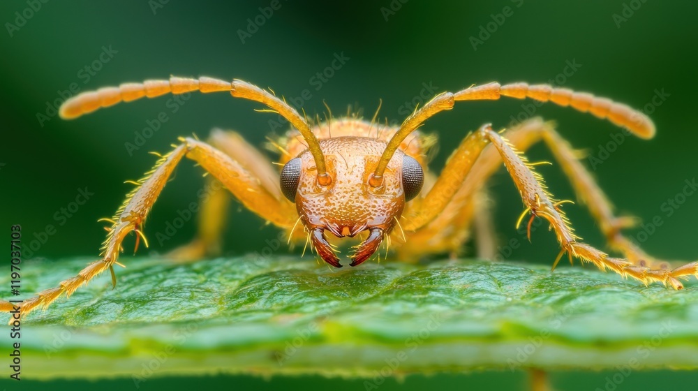 Fototapeta premium Close-up of an orange ant on a green leaf.