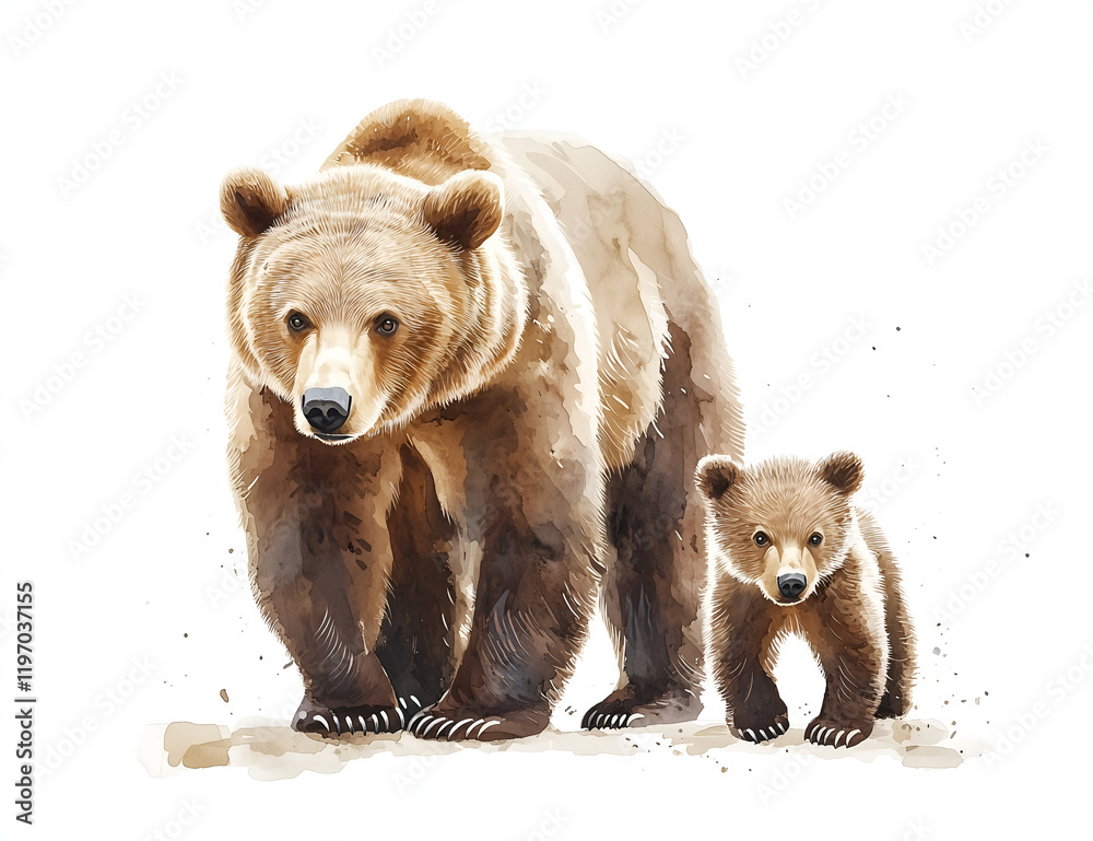 Fototapeta premium Watercolor brown bear and cub clipart, against a white isolated 