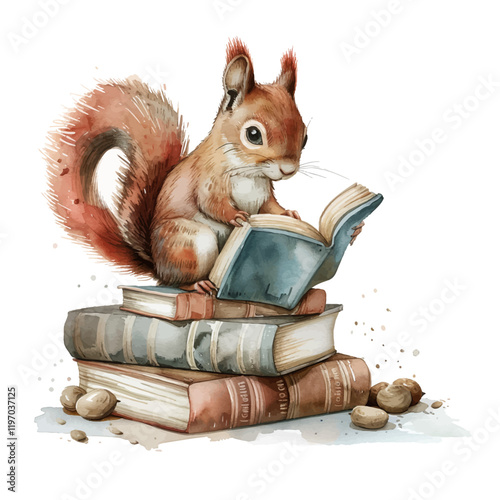Cute squirrel reading books, cartoon character, coloring page, isolated on white background, vector watercolor illustration