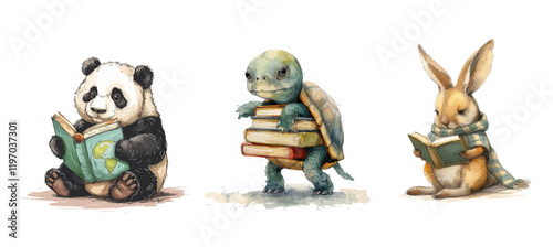 Charming Cartoon Animals Enjoying Reading Books. Diverse Creatures In Vibrant Clothes. Focused On Education And Learning