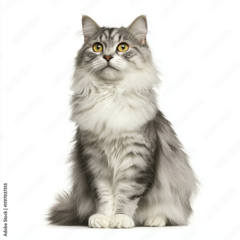 Obraz premium Majestic Silver Cat with Fluffy Fur Posing Gracefully on White Background