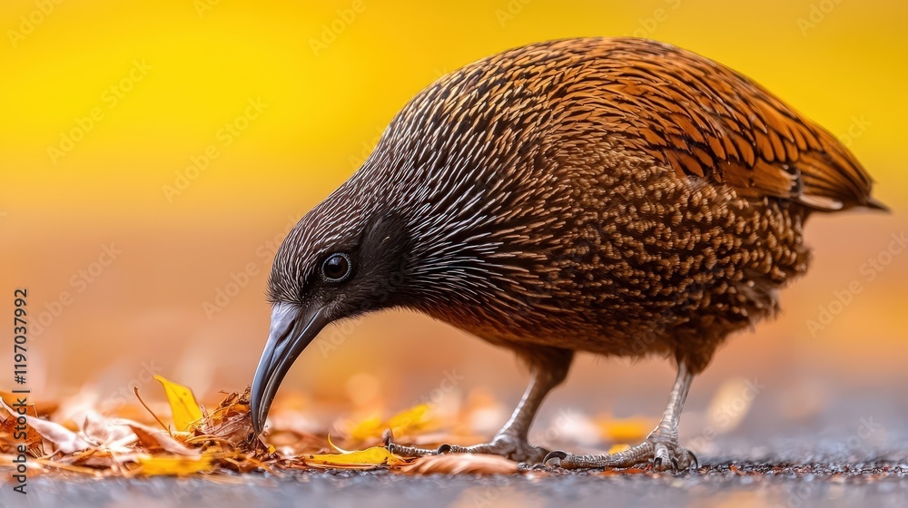 Fototapeta premium Bird foraging in autumn leaves wildlife ecosystem nature scene close-up view vibrant environment