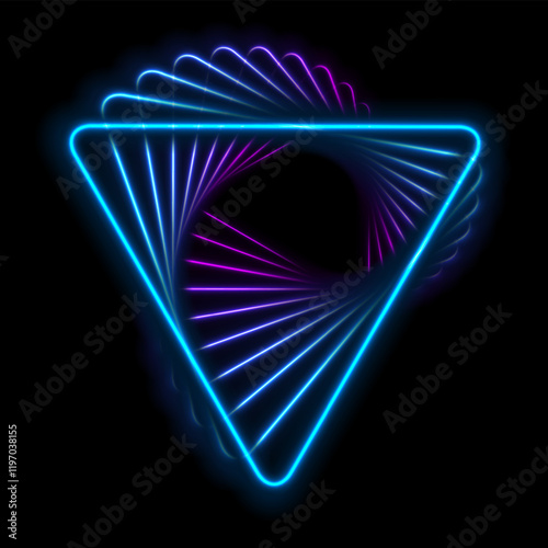 Twisted into a spiral bright blue purple neon triangles futuristic tech background. Geometry laser effect vector design