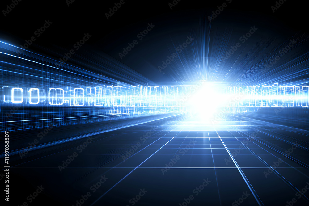Abstract digital data stream flowing into bright light; futuristic technology background. Abstract digital data stream flowing into bright light; futuristic technology background.