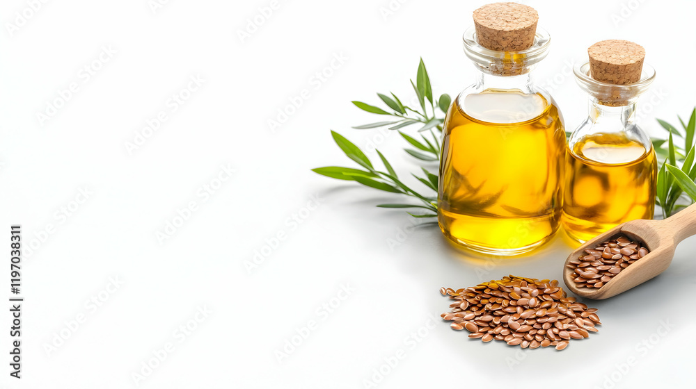 Bird's eye view of flaxseed oil and flax seeds arranged on a table Bird's eye view of flaxseed oil and flax seeds arranged on a table