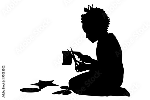 Children silhouettes. Little girl cutting paper. Vector illustration.	
