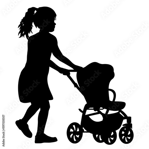 Children silhouettes. Little girl playing with a toy baby carriage. Vector illustration.	
